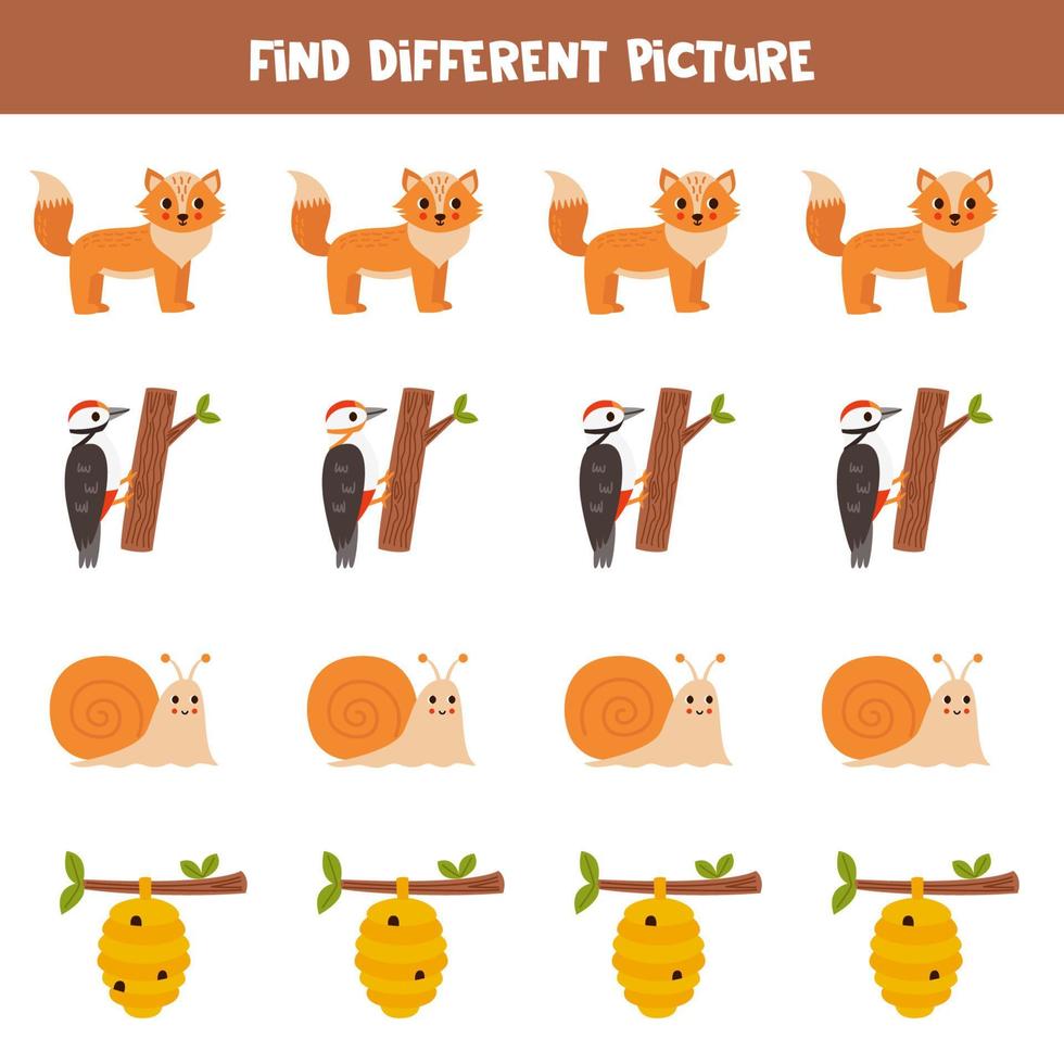 Find different woodland animal in each row. Logical game for preschool kids. vector