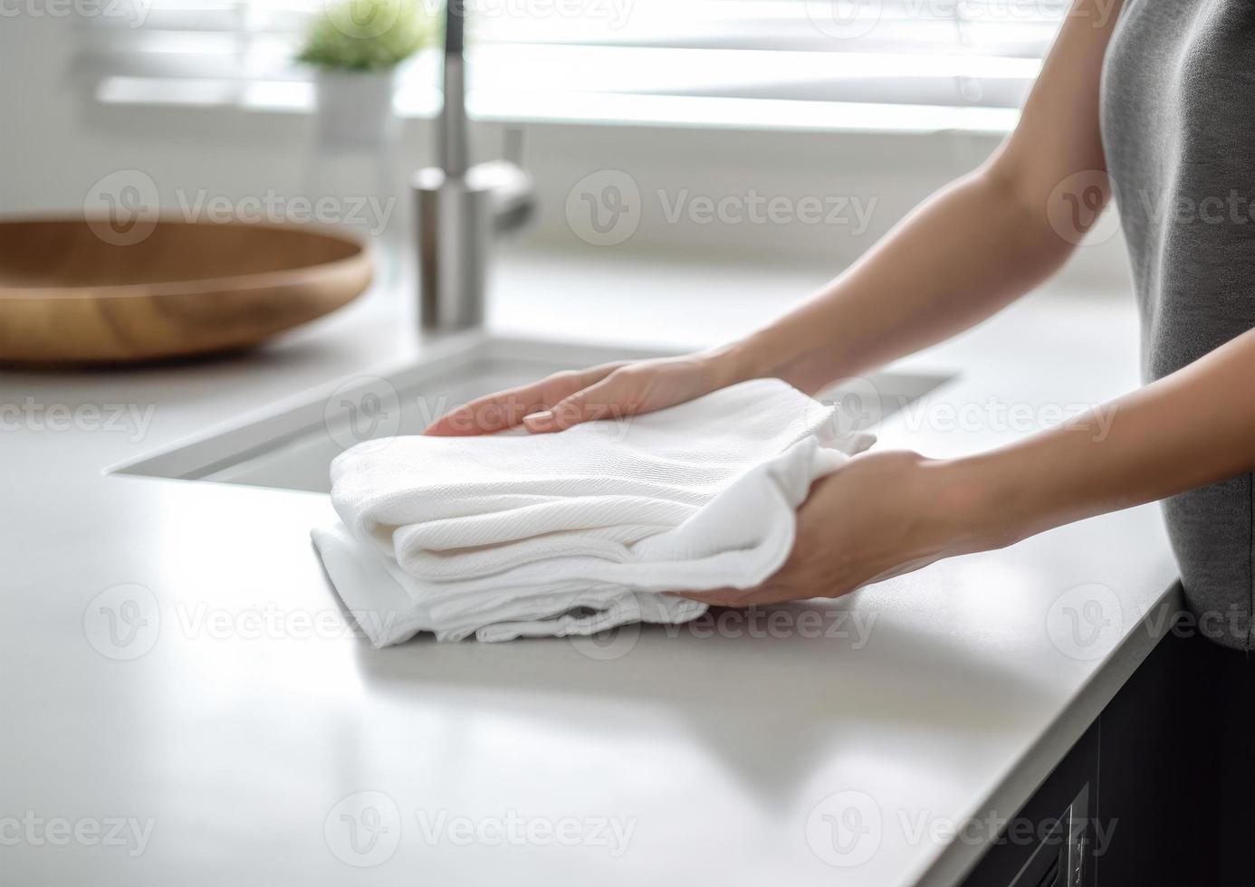 Woman cleaning kitchen countertop with clean towels, closeup of hands photo