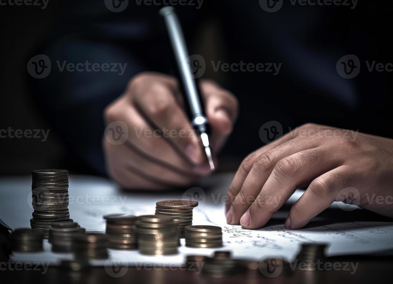 Businessman hand writing on paper with money coins stack on table photo