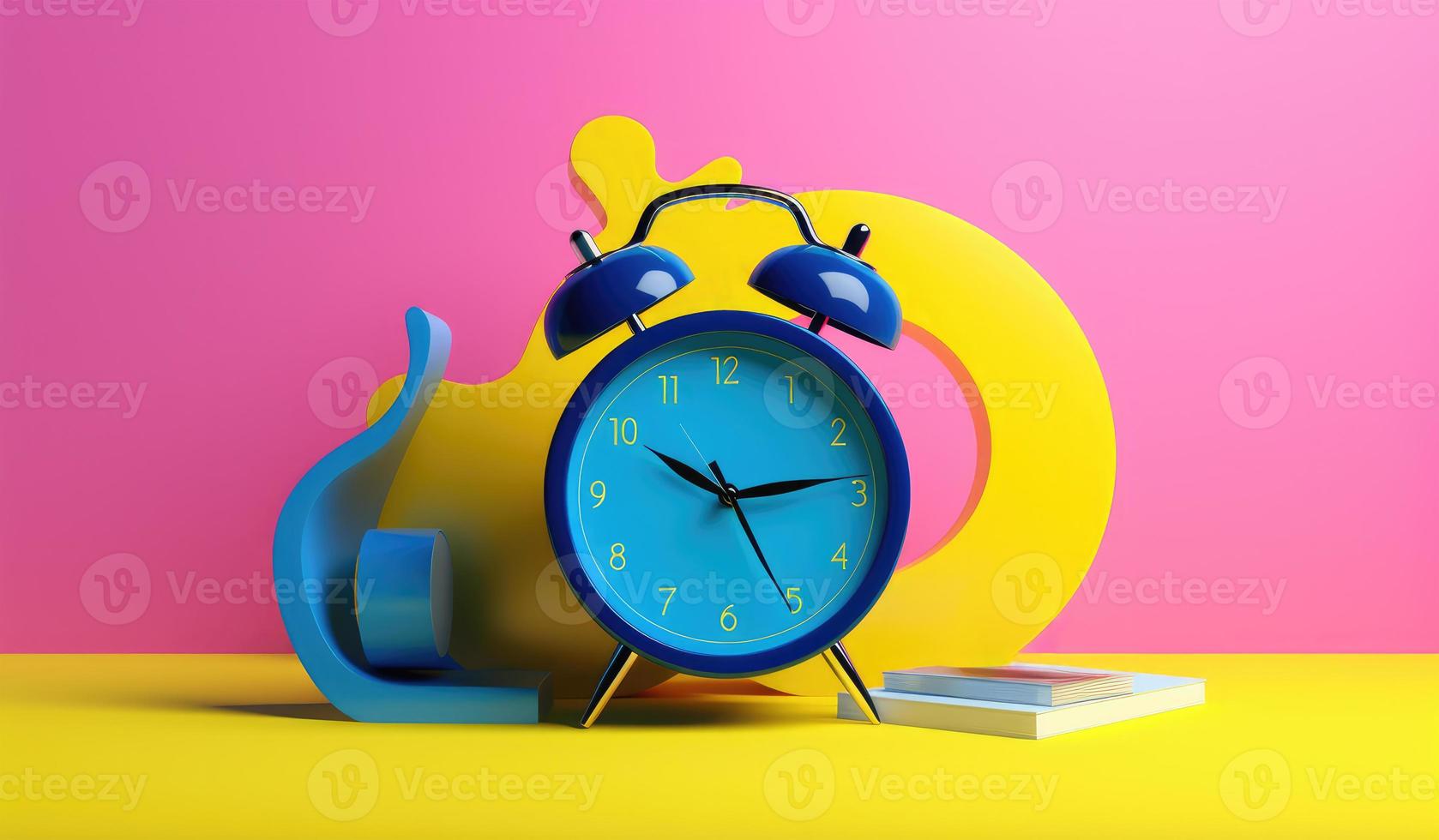 Alarm clock and book on yellow and pink background photo