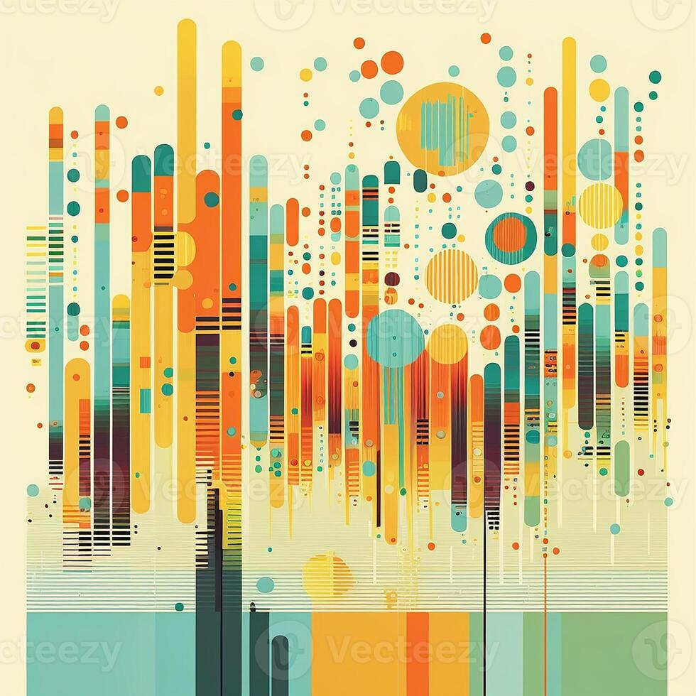 Big data abstract visualization background in retro style of the 70s. Bright and warm color palette, shades of orange, yellow, green and pale blue. photo