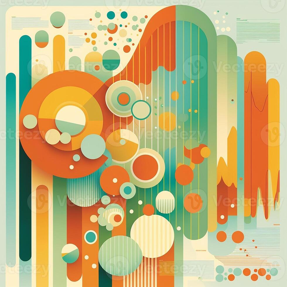 Big data abstract visualization background in retro style of the 70s. Bright and warm color palette, shades of orange, yellow, green and pale blue. photo