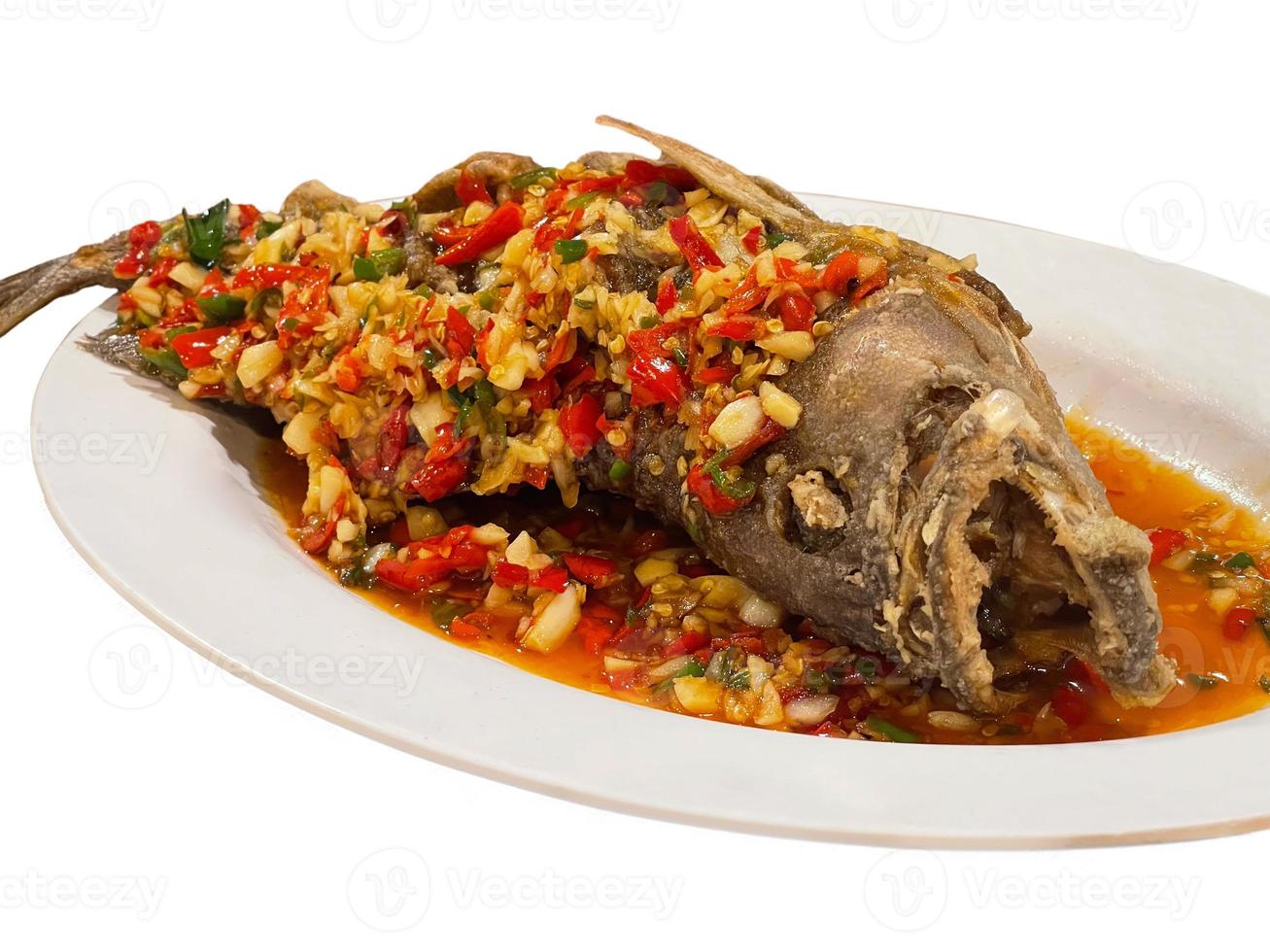 Deep Fried Grouper with Spicy Sauce, Thai Chinese food cuisine on