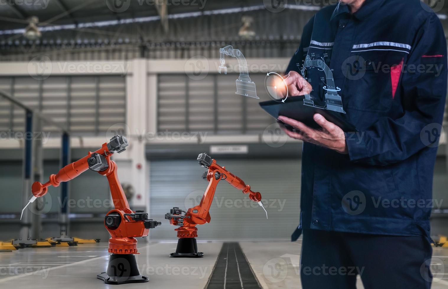 Arm Robot AI manufacture car UI diyplay dashboard  manufacturing industry technology service maintenance of future warehouse mechanical future technology Car repair and production photo