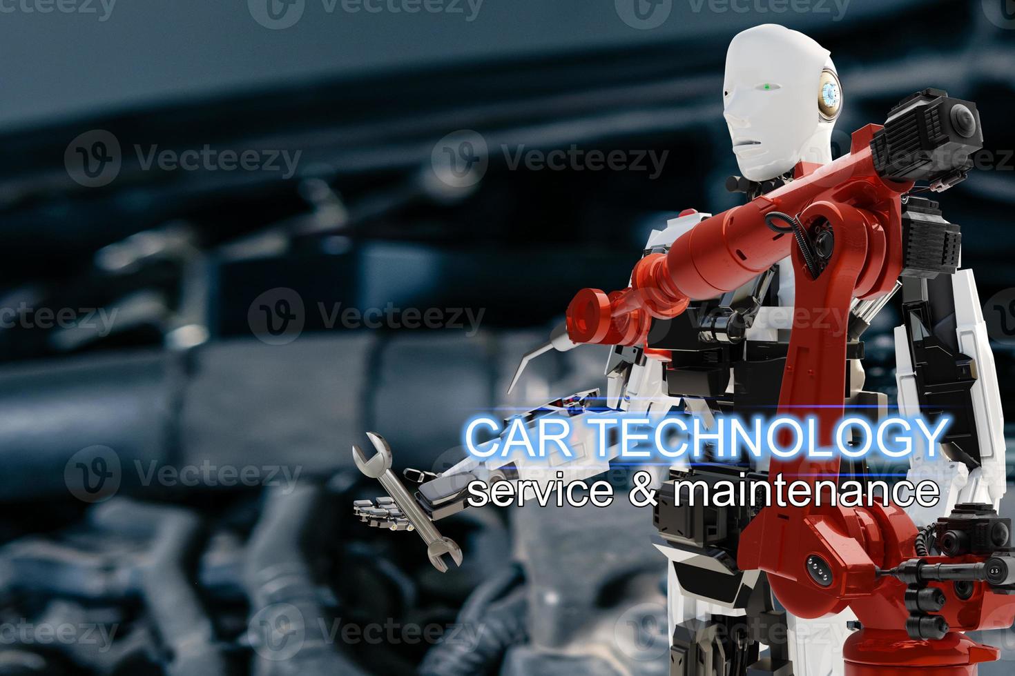 AI Arm robot worker mechanic in car station oil change ,check engine and measure level oil to change oil car repairman to fix car to check dangers caused by car robotics photo