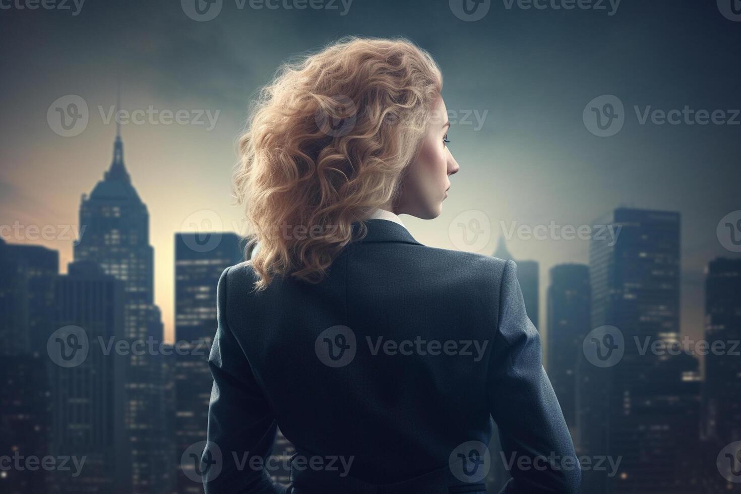 Back view of businesswoman looking at skyscrapers represents Youthful Courage in the business world photo