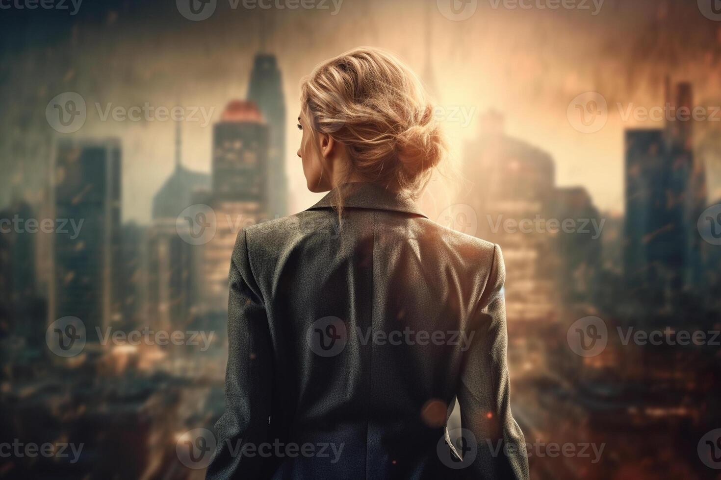 Back view of businesswoman looking at skyscrapers represents Youthful Courage in the business world photo