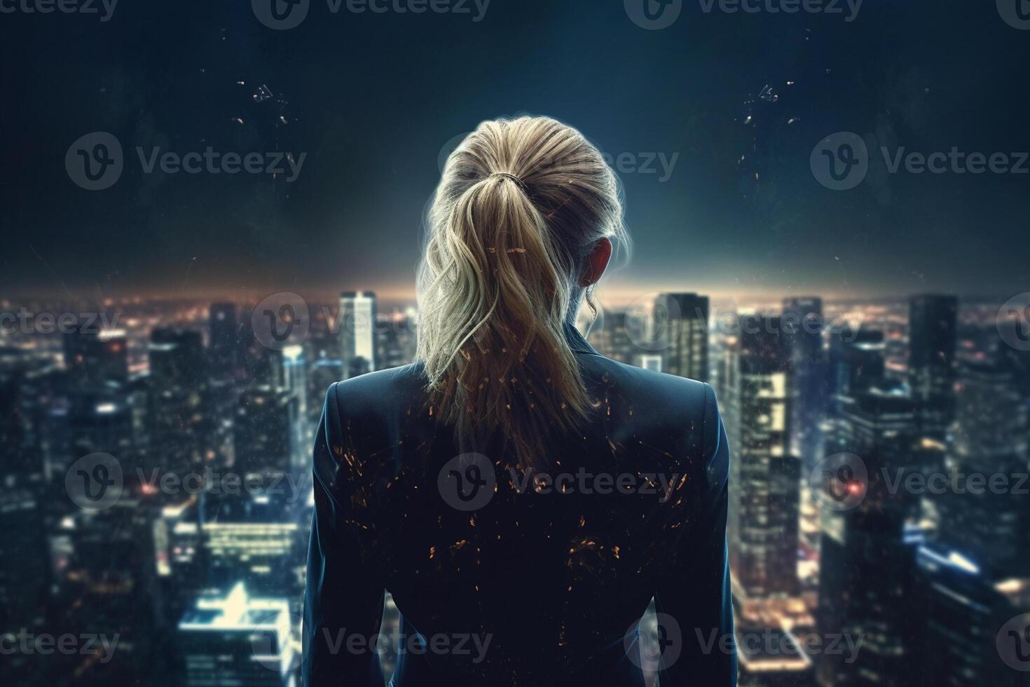 Back view of businesswoman looking at skyscrapers represents Youthful Courage in the business world photo