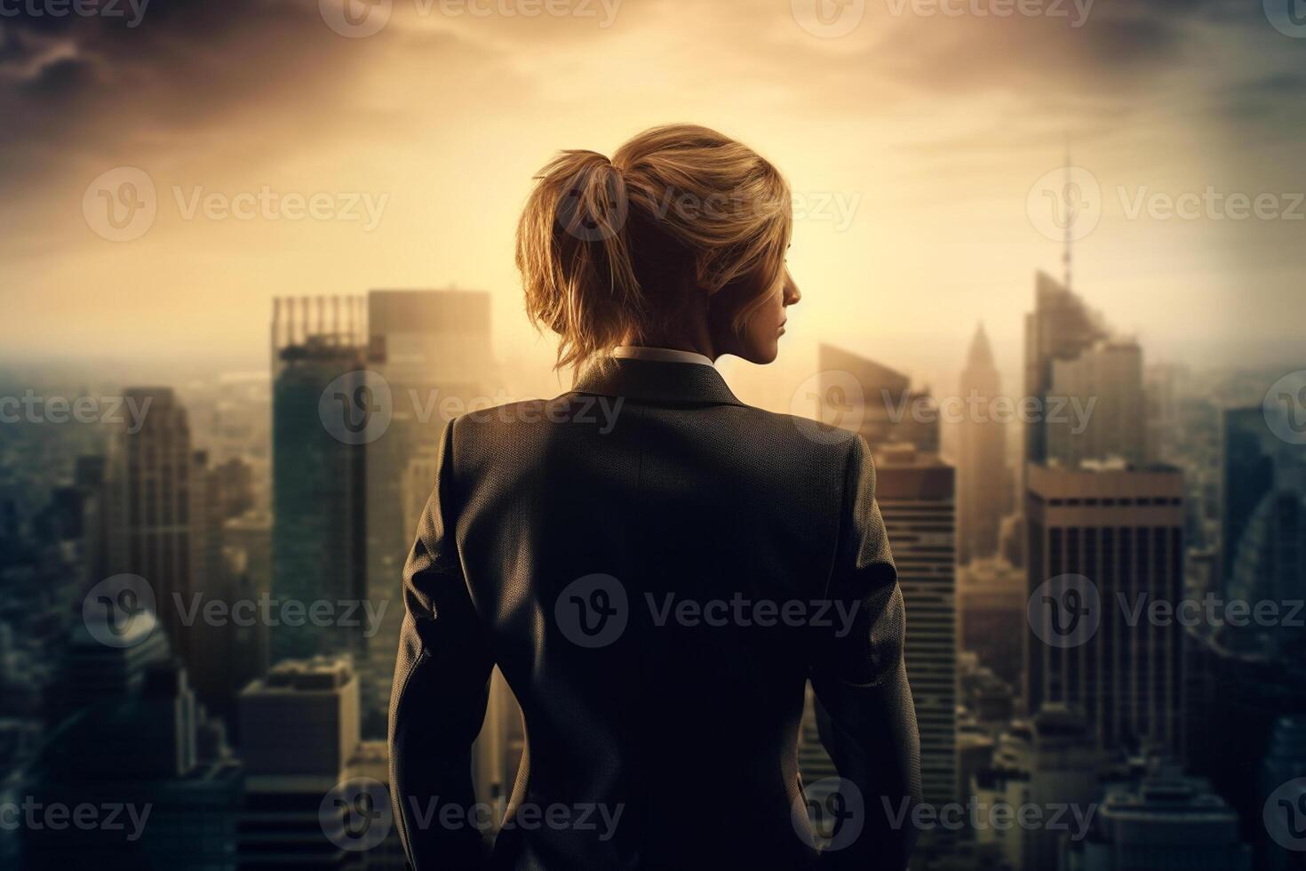 Back view of businesswoman looking at skyscrapers represents Youthful Courage in the business world photo