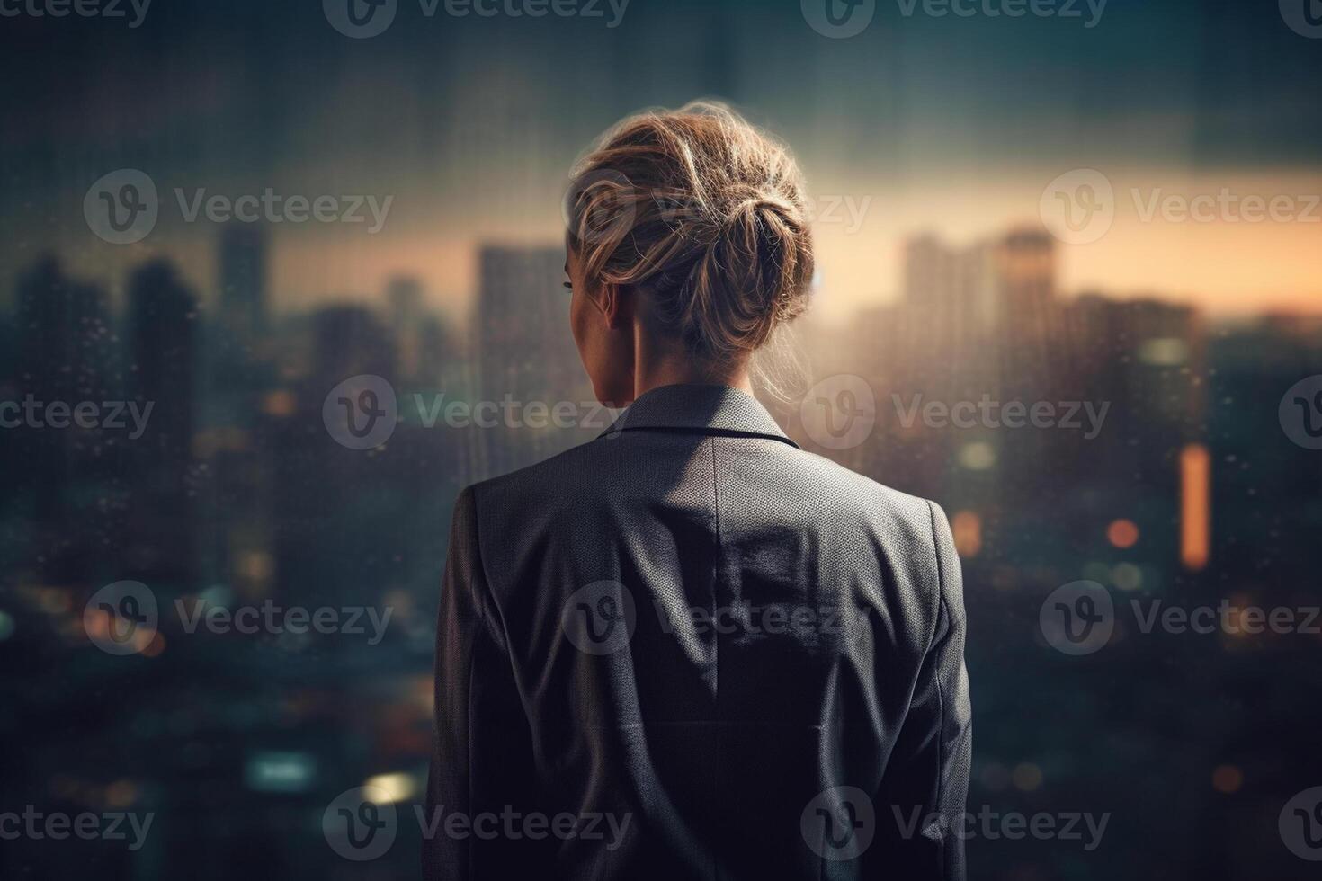 Back view of businesswoman looking at skyscrapers represents Youthful Courage in the business world photo