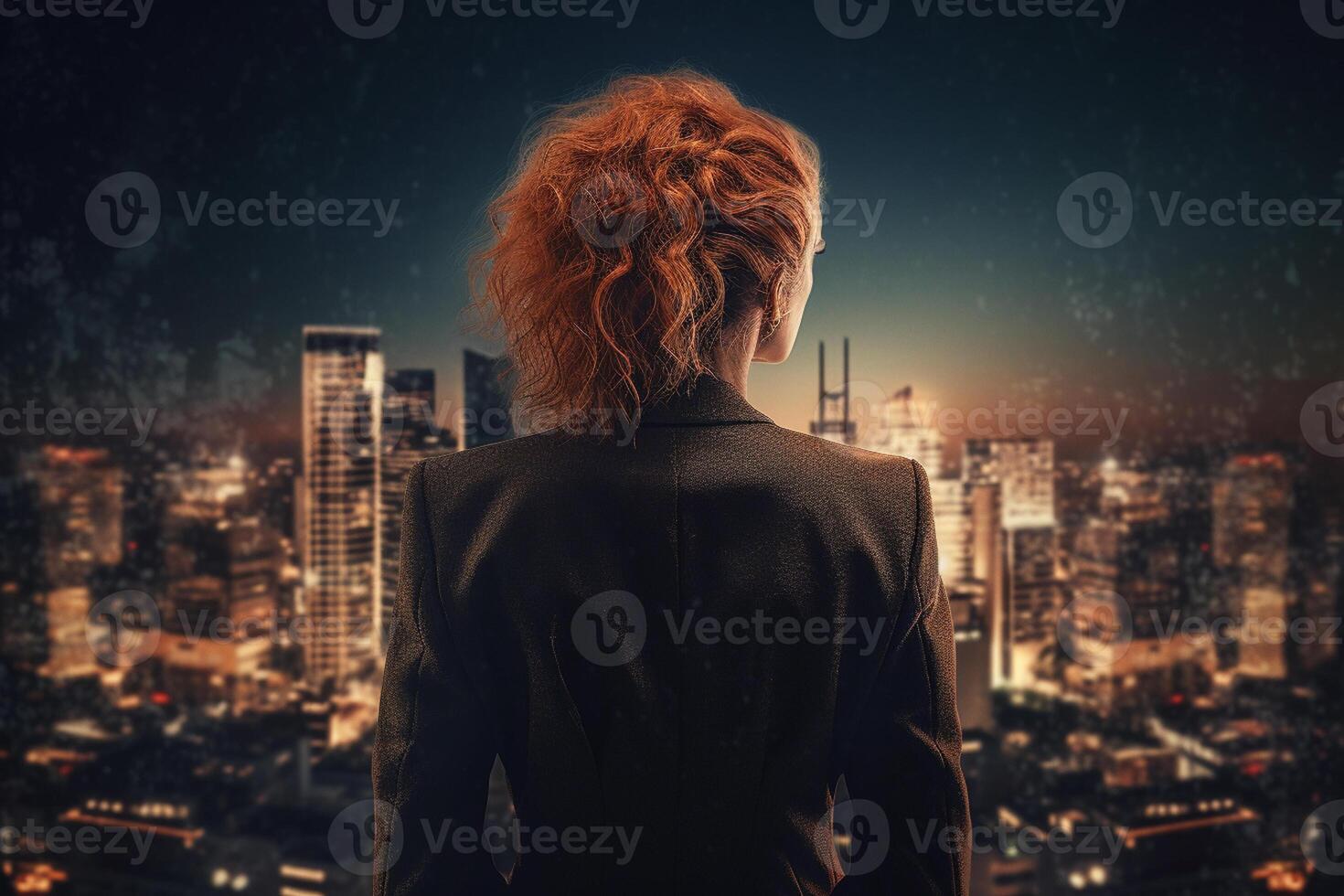 Back view of businesswoman looking at skyscrapers represents Youthful Courage in the business world photo