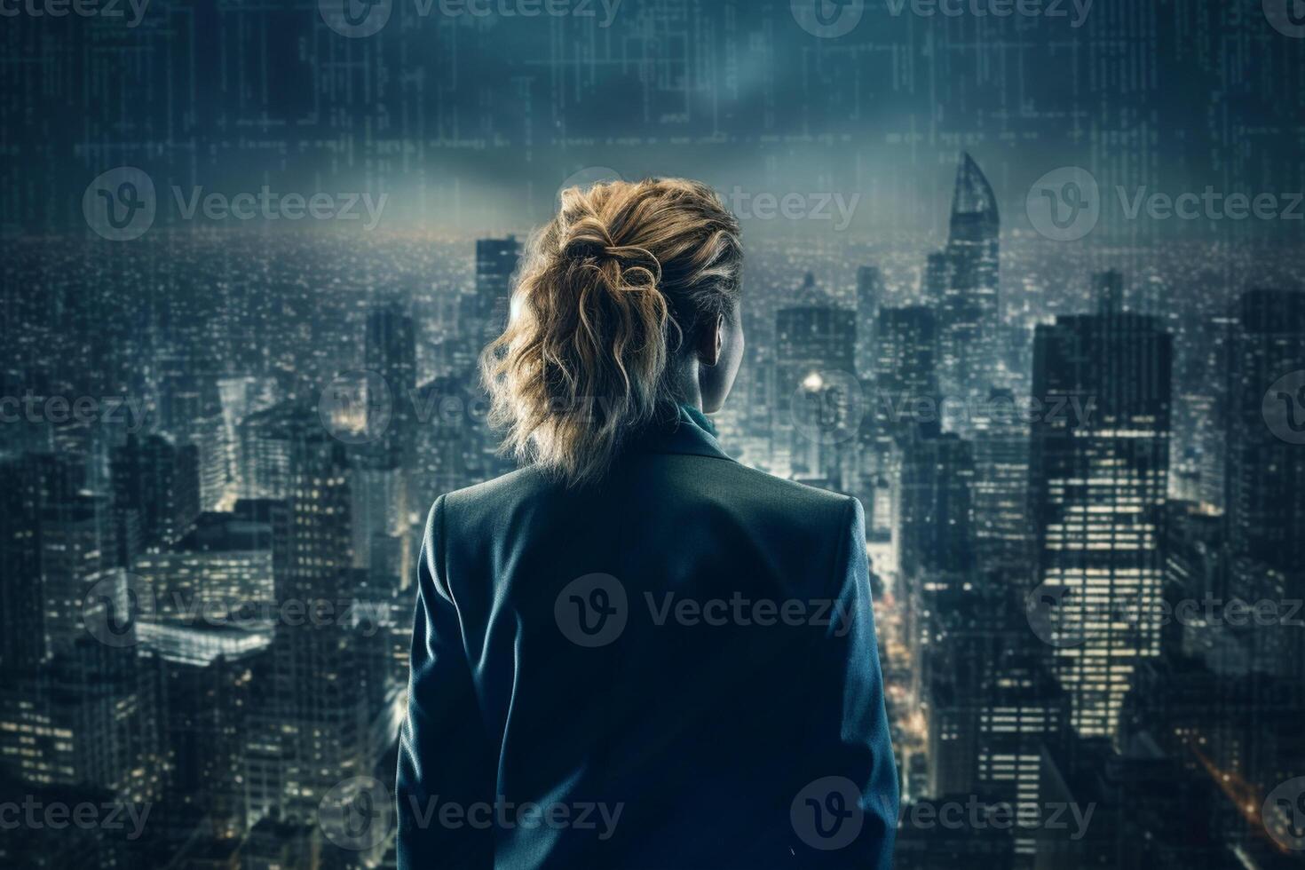 Back view of businesswoman looking at skyscrapers represents Youthful Courage in the business world photo