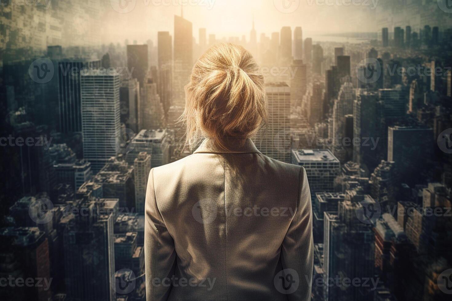 Back view of businesswoman looking at skyscrapers represents Youthful Courage in the business world photo