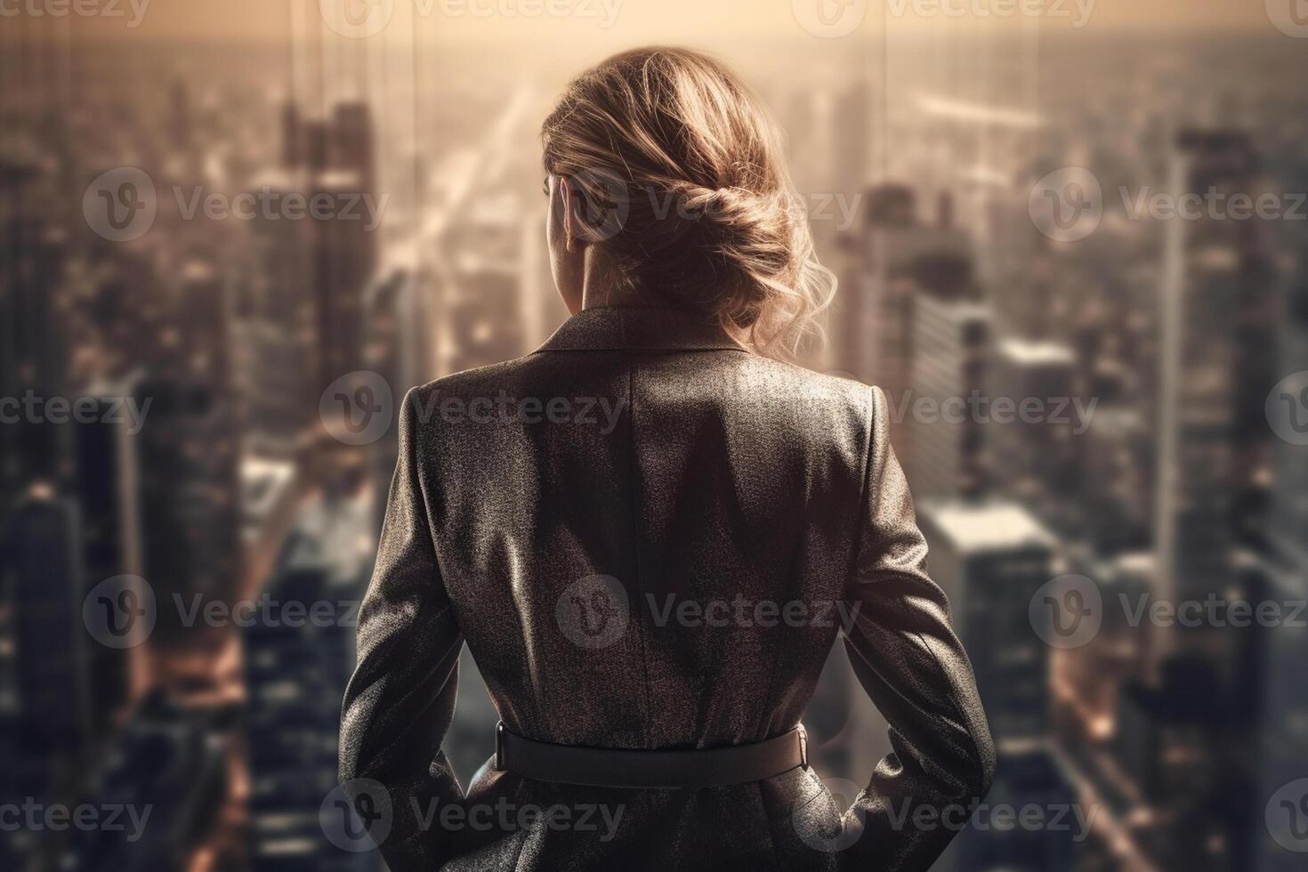 Back view of businesswoman looking at skyscrapers represents Youthful Courage in the business world photo