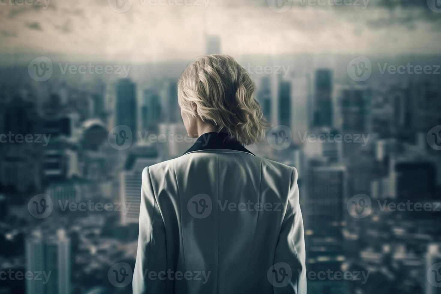 Back view of businesswoman looking at skyscrapers represents Youthful Courage in the business world photo
