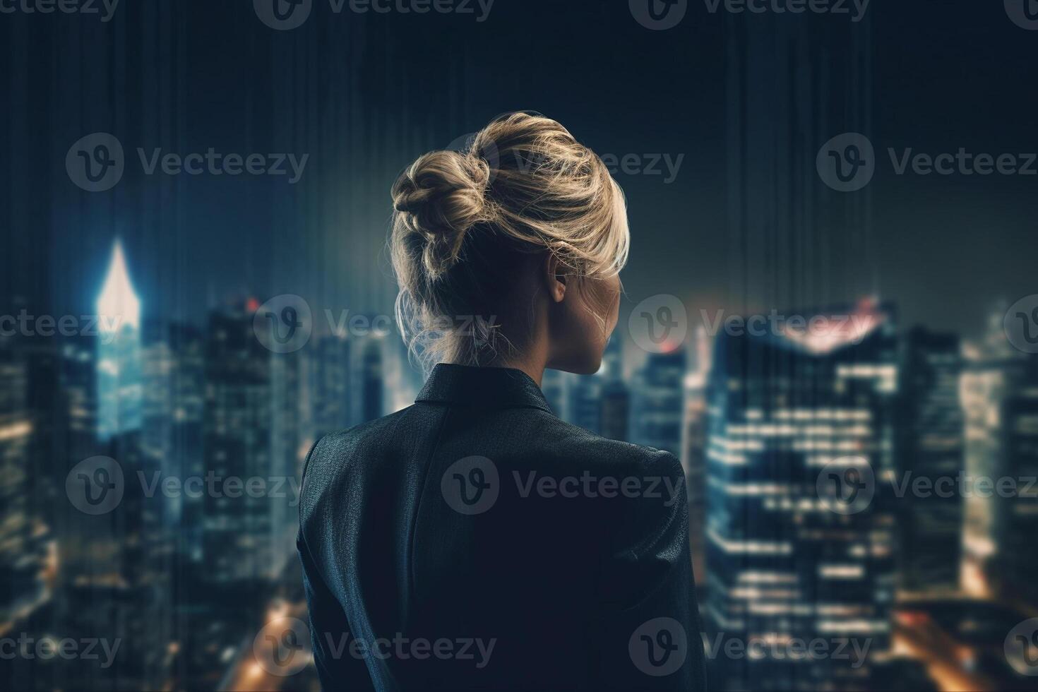 Back view of businesswoman looking at skyscrapers represents Youthful Courage in the business world photo
