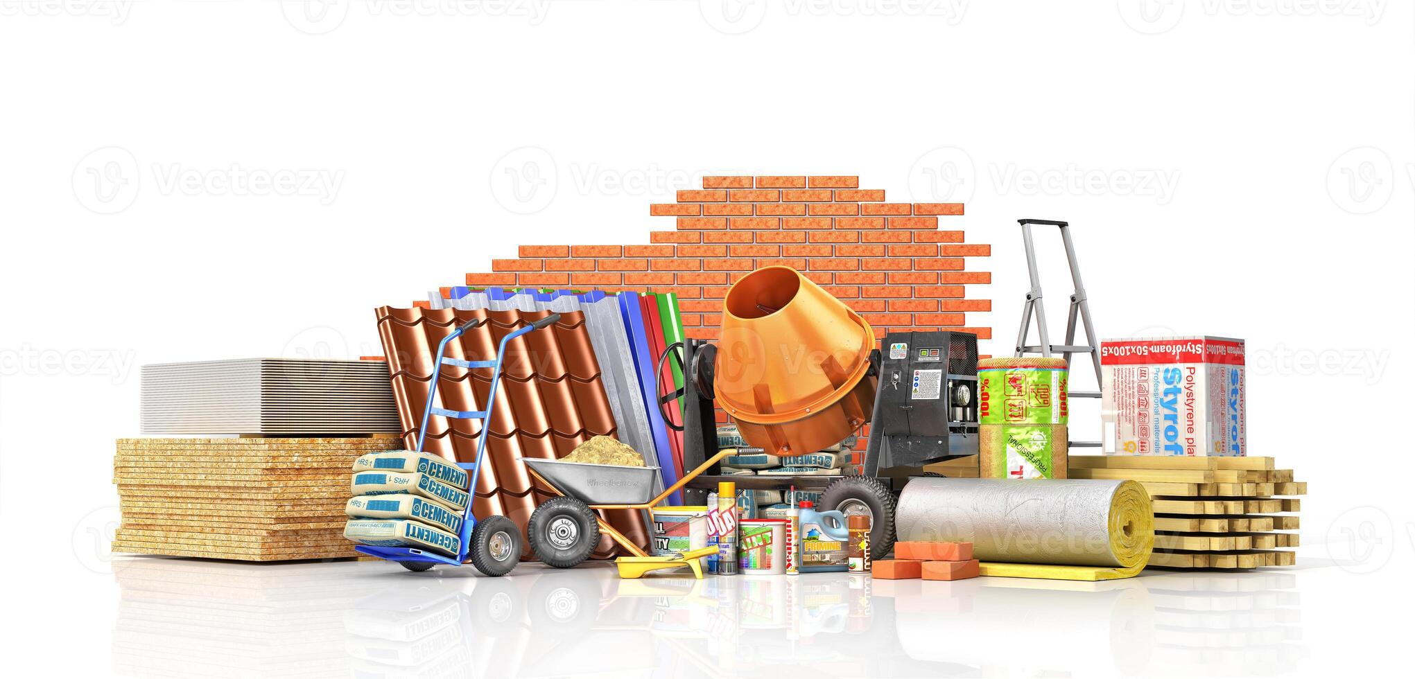 Set of construction materials and tools isolated on a white background 3d illustration photo