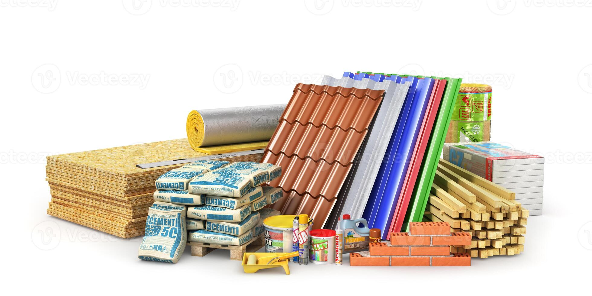 Set of construction materials and tools isolated on a white background 3d illustration photo