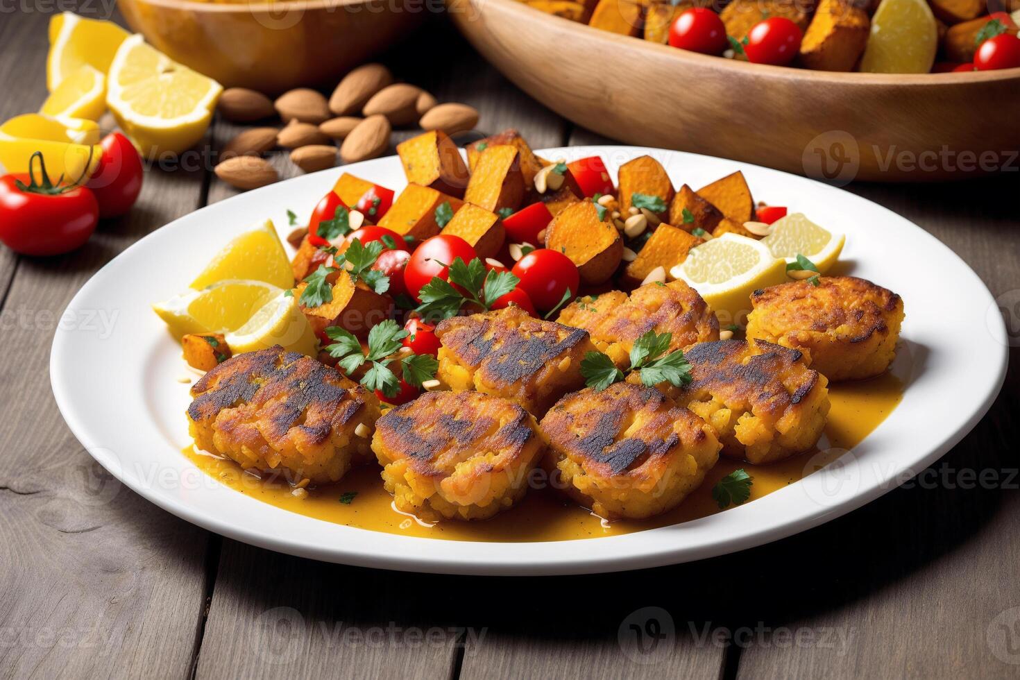 Portugal cuisine. Fried pumpkin with fish fillets. Seafood paella with prawns, mussels and tomatoes. photo