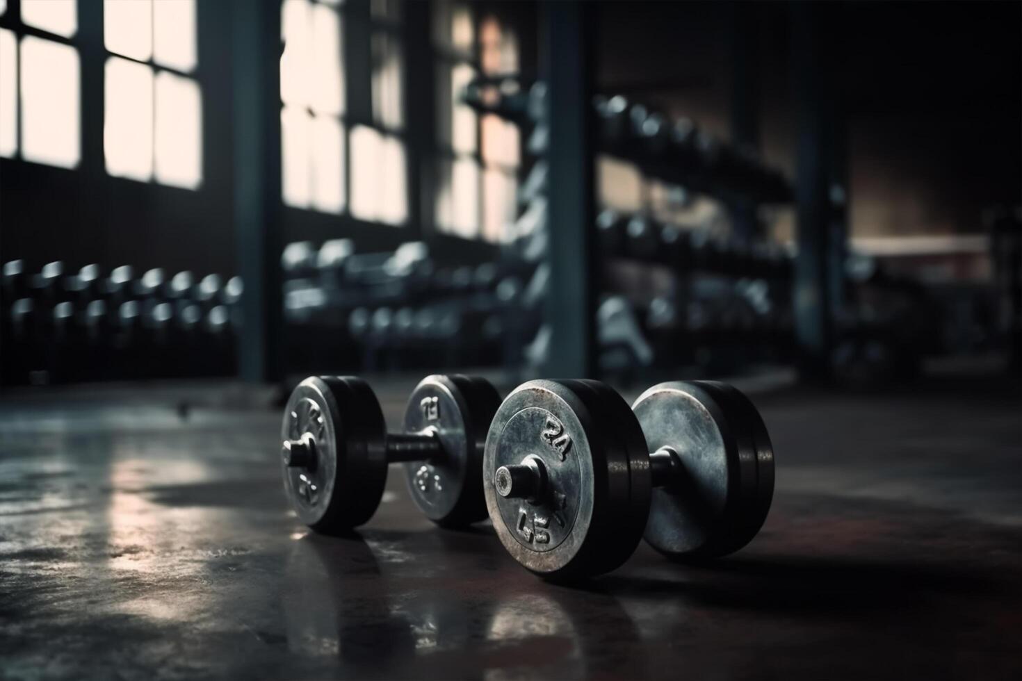 metal pesas con antecedentes borroso gimnasio interior foto