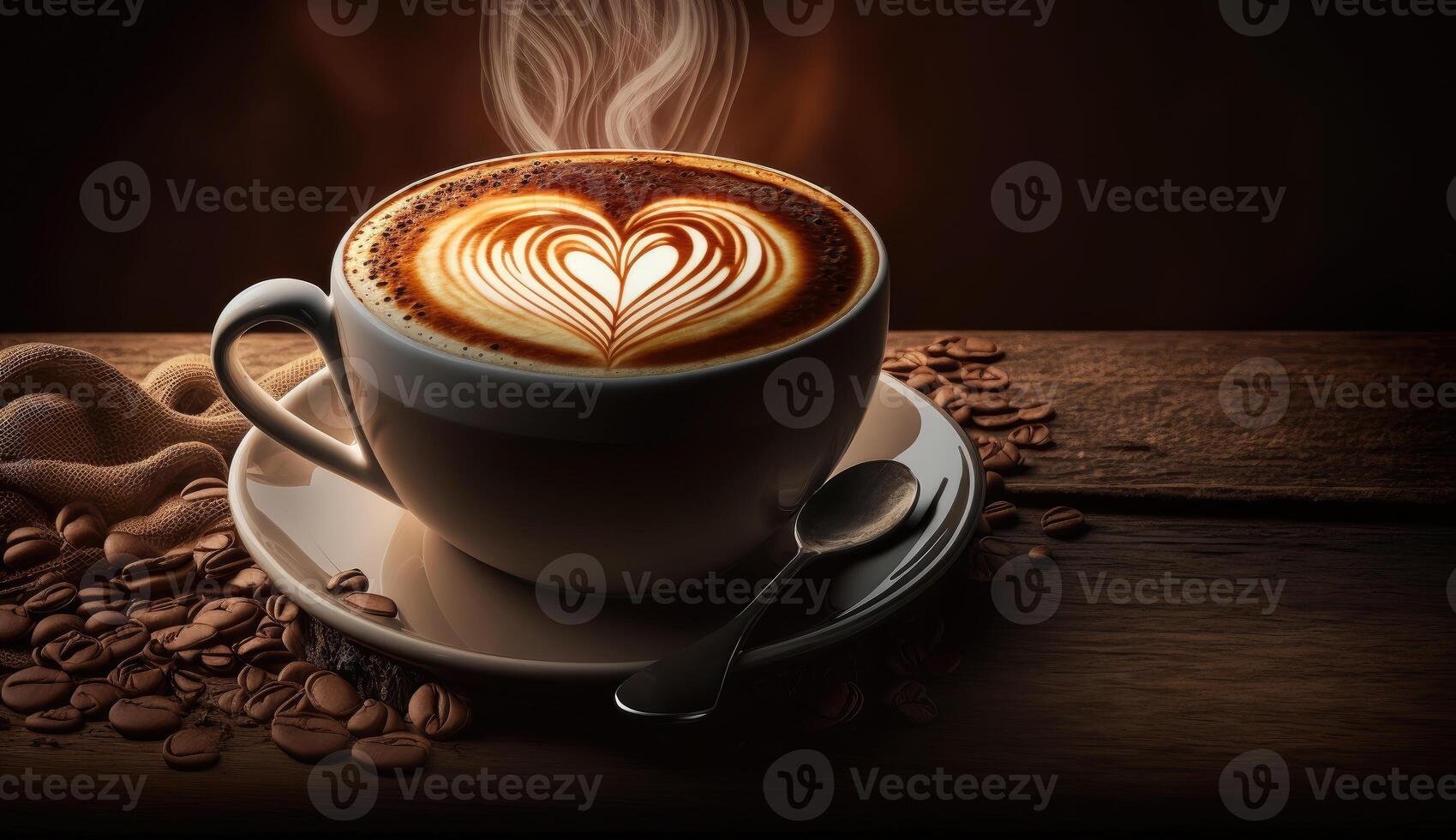 Coffee latte with creamy and foam in cup and latte art shape on dark wooden table, with coffee beans decoration, calm and relax coffee, relaxation time, hot beverage, with . photo