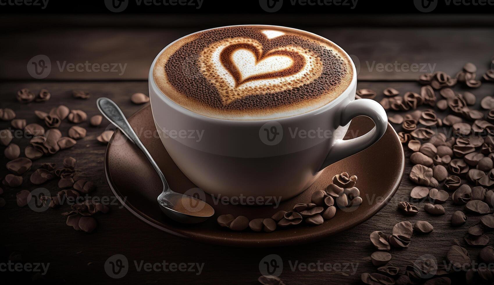 Coffee latte with creamy and foam in cup and latte art shape on dark wooden table, with coffee beans decoration, calm and relax coffee, relaxation time, hot beverage, with . photo