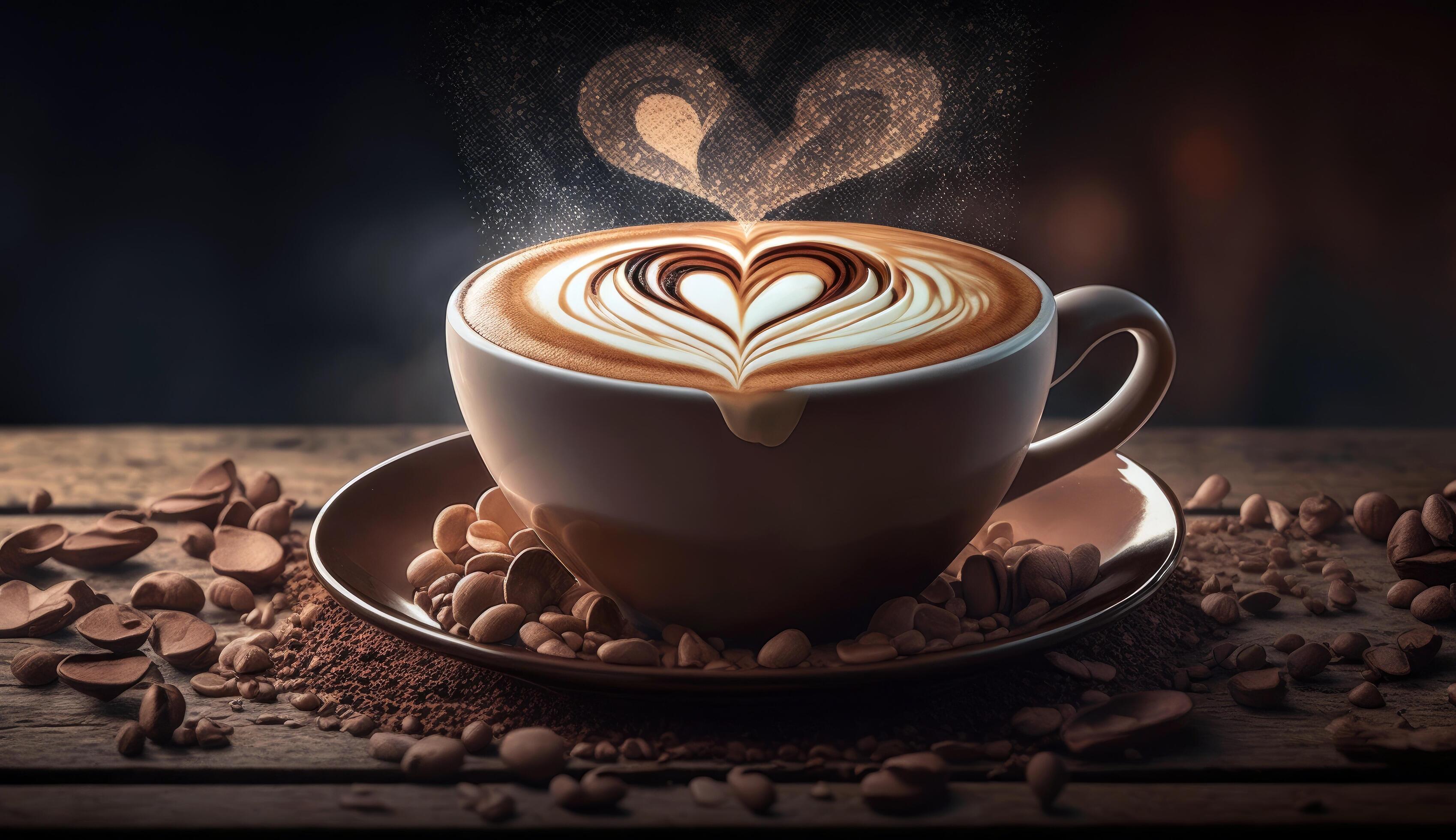 café latté con cremoso y espuma en taza y latté Arte forma en oscuro de