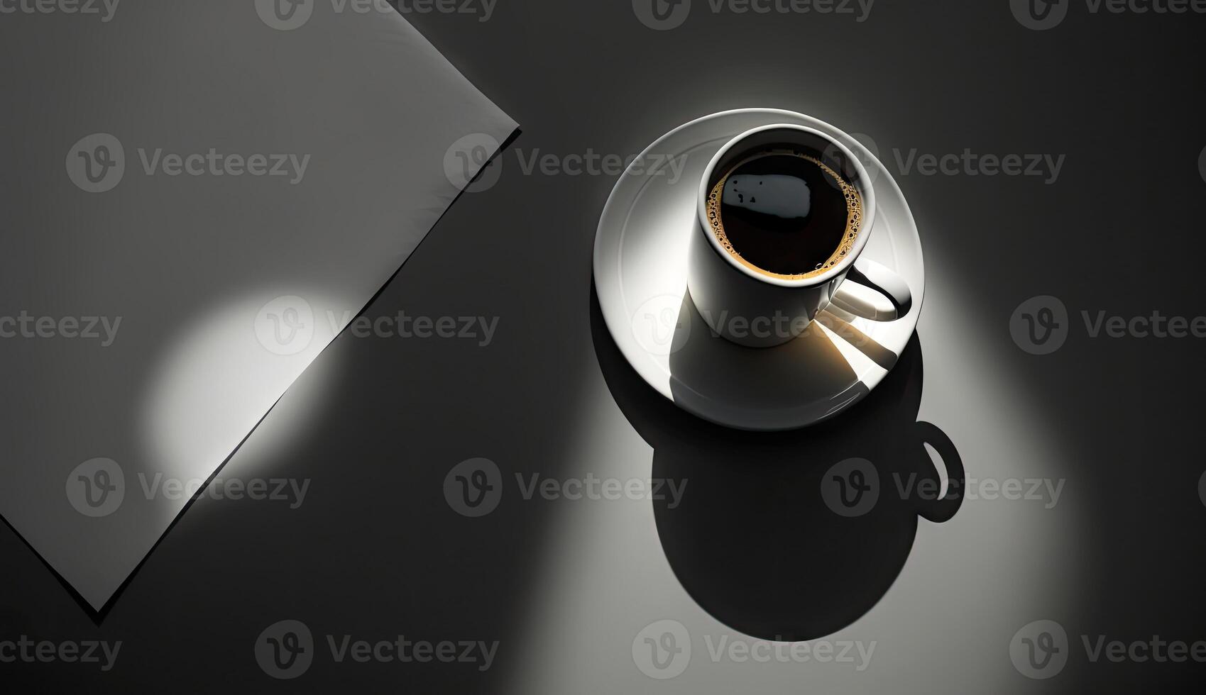 Morning Coffee americano or black coffee in cup on office table, with office work documents decoration, calm and relax coffee, relaxation time, hot beverage, with . photo