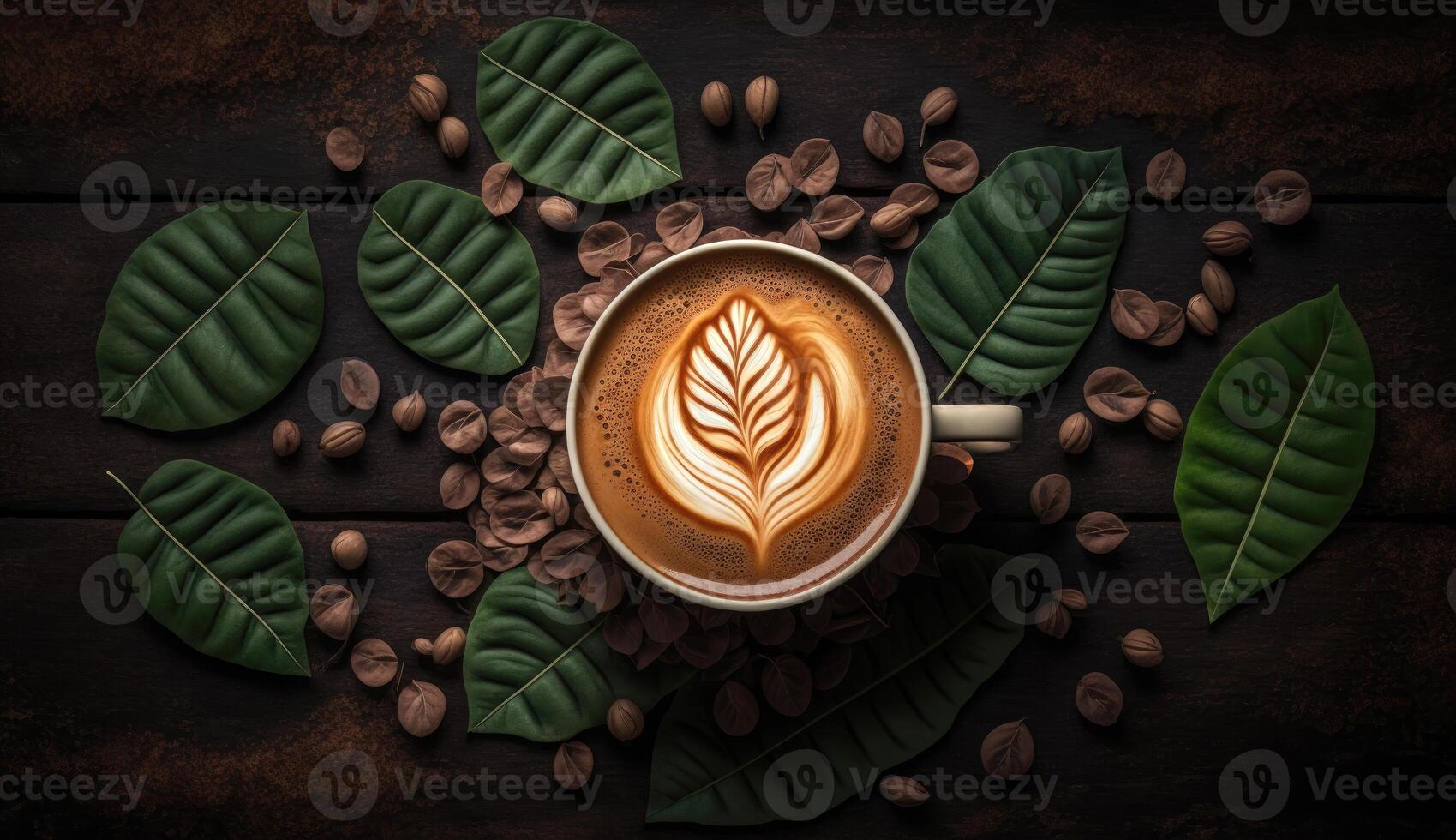 Coffee latte with creamy and foam in cup and latte art shape on dark wooden table, with coffee beans decoration, calm and relax coffee, relaxation time, hot beverage, with . photo