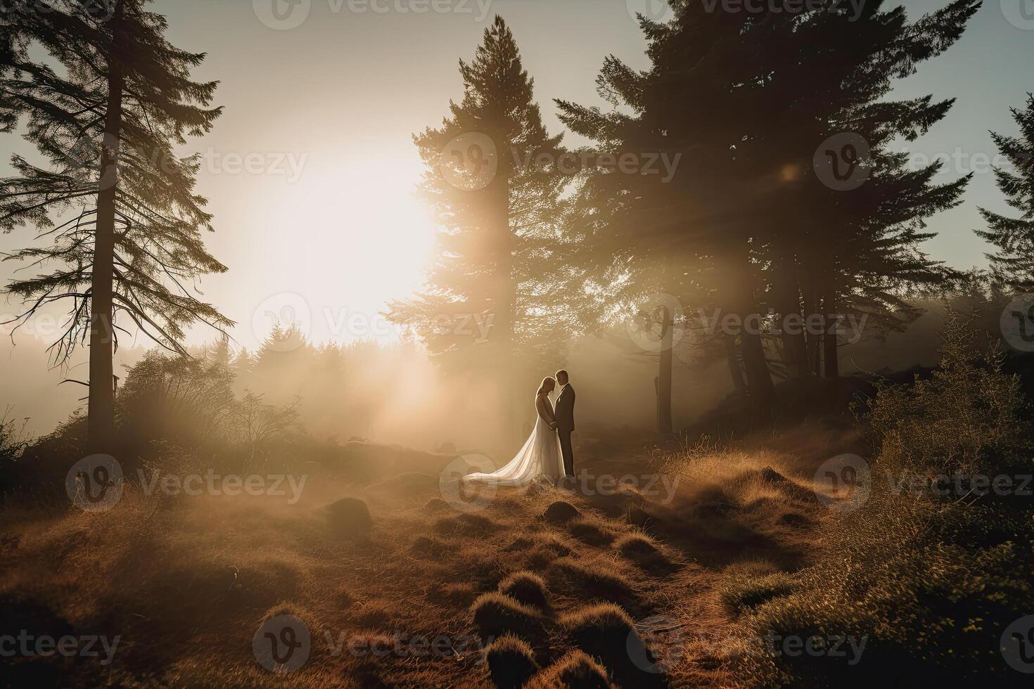 Boda silueta Pareja posando en puesta de sol en hermosa bosque a Boda día. novia y novio en amor. inexistente persona. generativo ai. foto