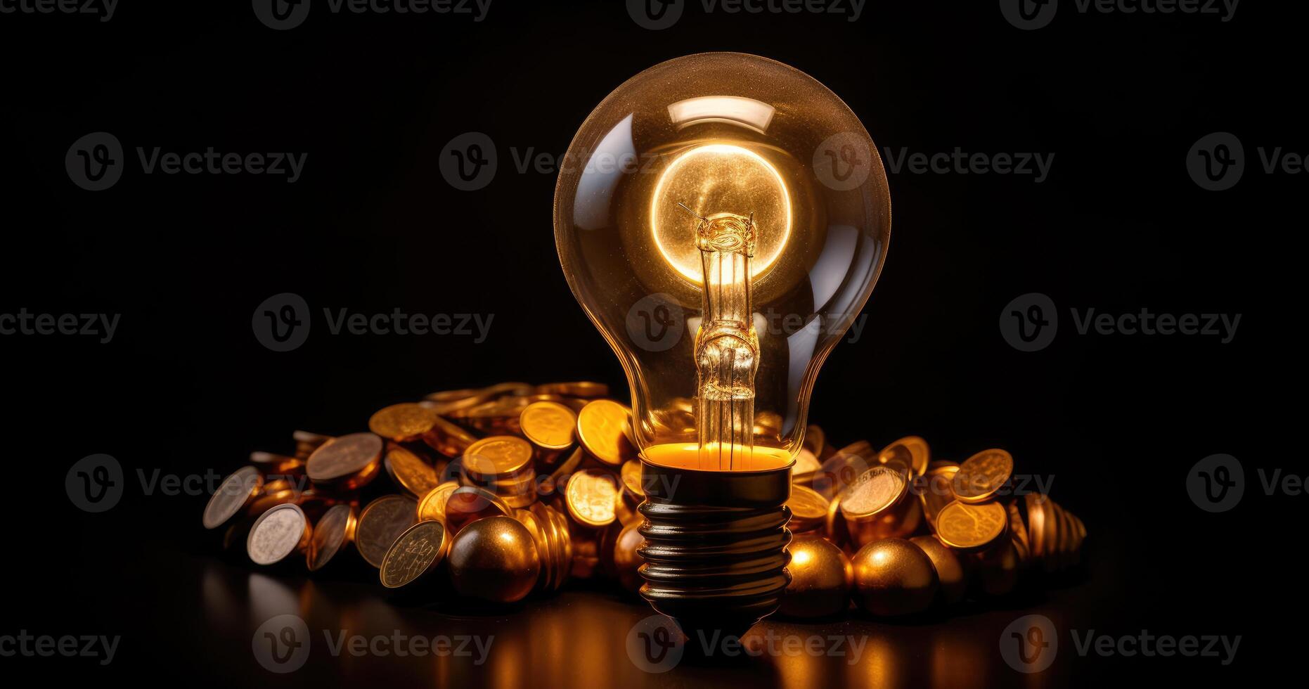 light bulb on top of coins. Rising energy cost concept. Light bulb on top of a stack of gold coins. . photo