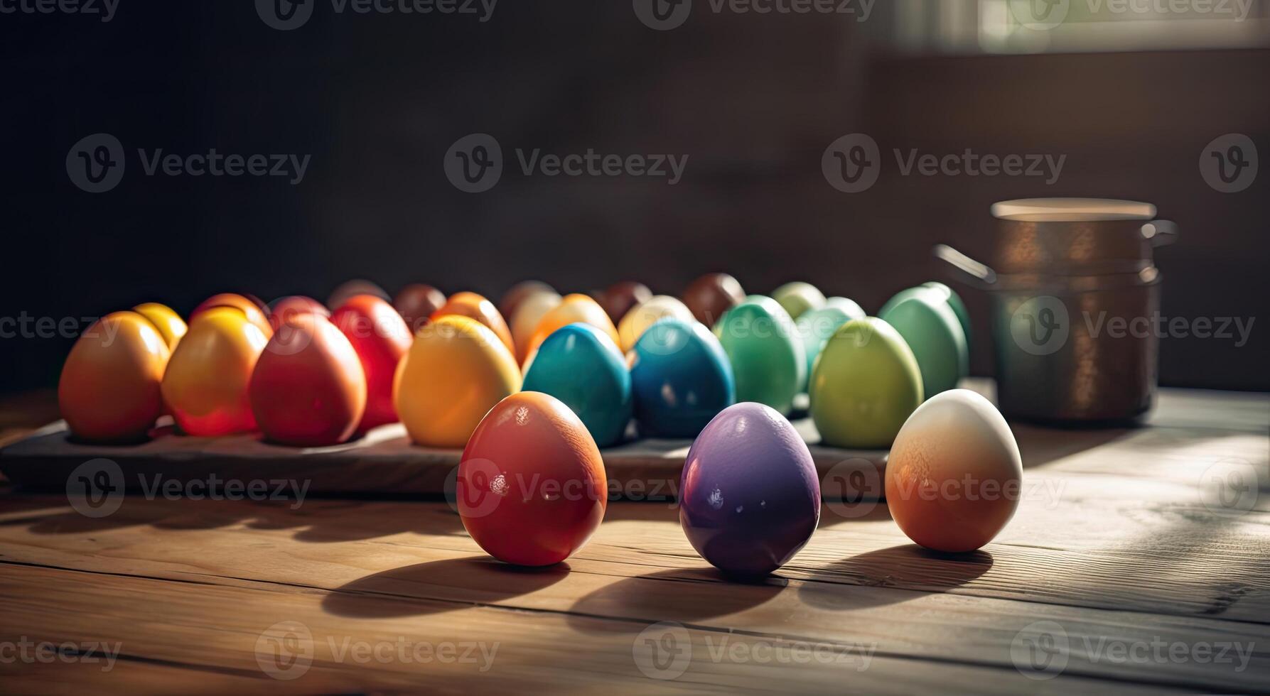 row of colorful easter eggs on wooden table and bokeh background, place for typography and logo. Rustic wooden table. Easter theme. . photo