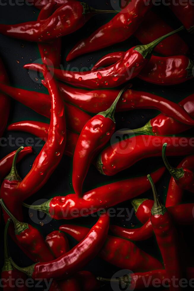 Red hot chilli peppers pattern texture background. Close up. A backdrop of Red hot chilli peppers. Generative Ai. photo