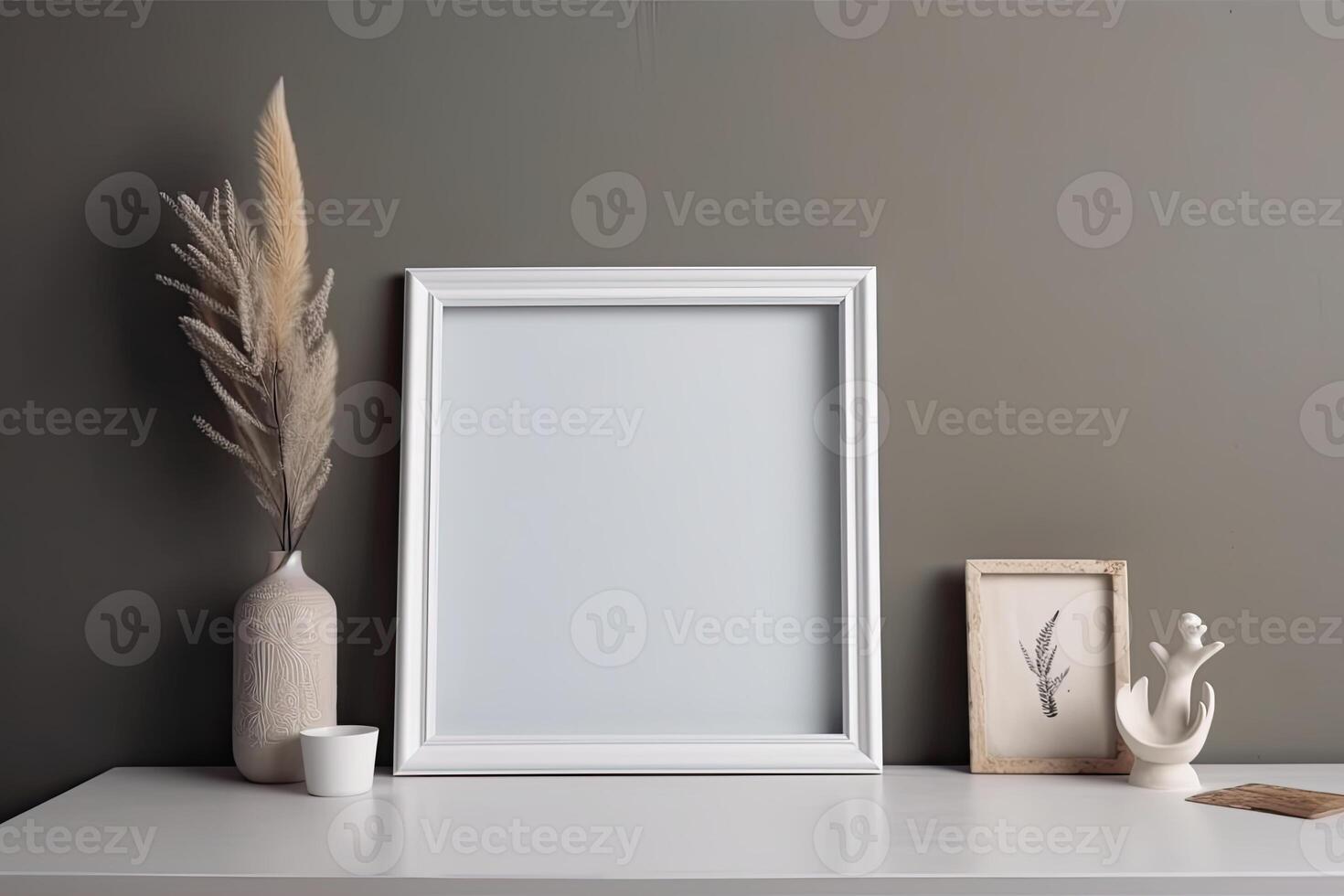 Modern home interior with design wooden commode, mock up poster map, feather in vase, accessories in stylish home decor Template. photo