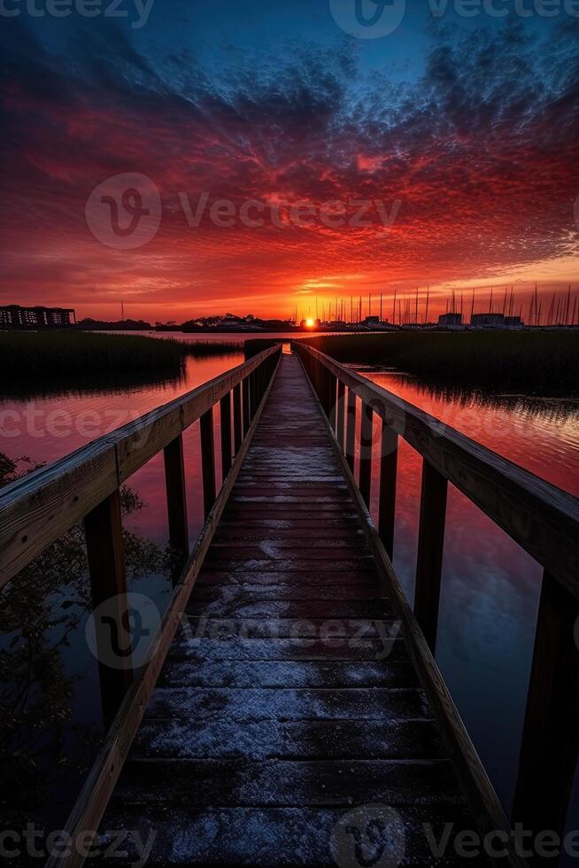 Wooden plank walkway leading to a beautiful sunset on the lake. . photo