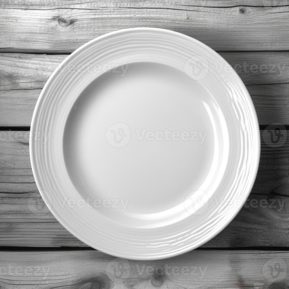 un vacío plato en un blanco de madera mesa. parte superior ver de blanco cerámico plato en blanco de madera. generativo ai. foto