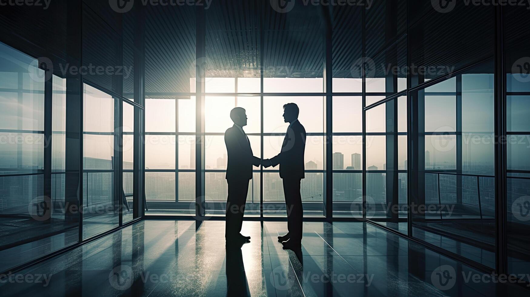 silhouettes two businessmen handshake in cooperation agreement concept at office and successful business partner. business man shaking hands to seal a deal with his partner. . photo