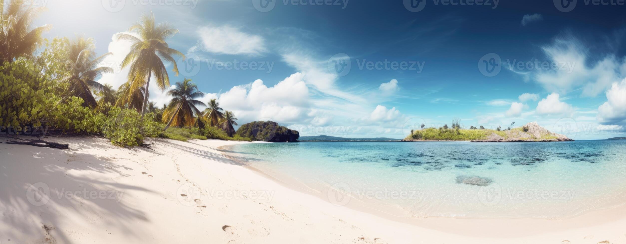 tropical paradise beach with white sand and coco palms travel tourism wide panorama background concept. . photo