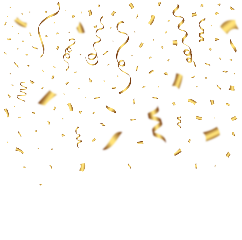 Confetti PNG with golden ribbon for festival background. Confetti and ribbon falling background. Golden confetti on transparent background. Event and party Celebration PNG. Carnival element.