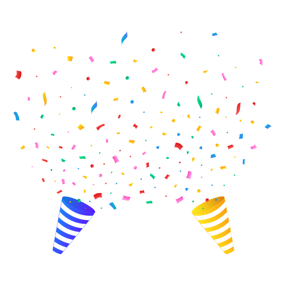 Confetti PNG with party cap for festival background. Confetti and ribbon explosion on a PNG background. Red, green, golden, blue confetti on transparent background. Event and party Celebration.