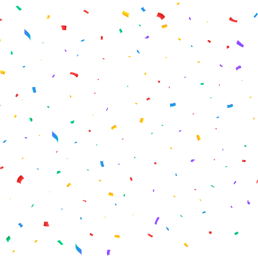 Colorful confetti falling PNG isolated on transparent background. Event and Anniversary celebration. Blue, red, yellow tinsel falling. Carnival elements. Simple Colorful confetti falling PNG.