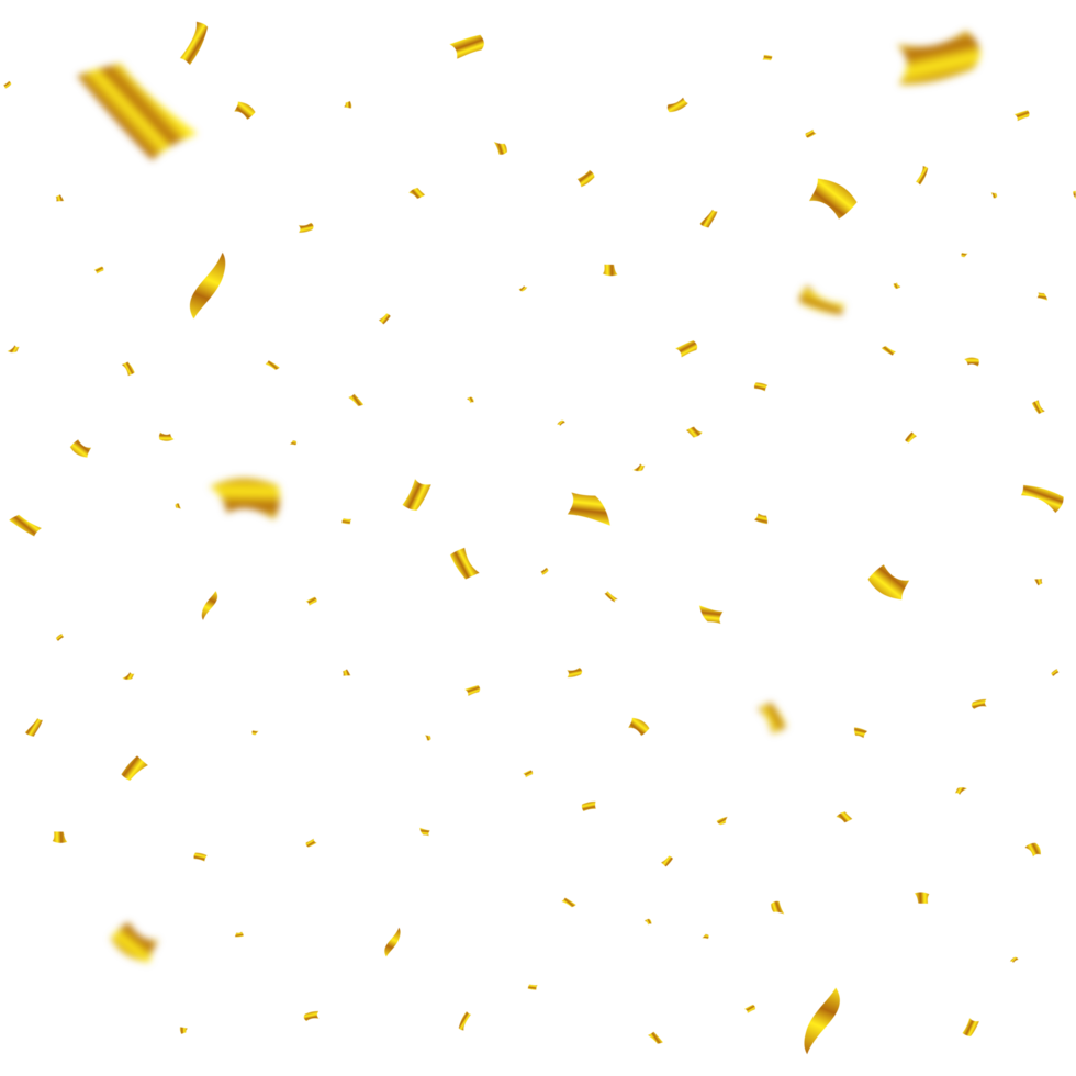 Golden confetti falling isolated on transparent background. Carnival elements PNG. Confetti illustration for festival background. Golden party tinsel and confetti falling. Anniversary celebration PNG. png