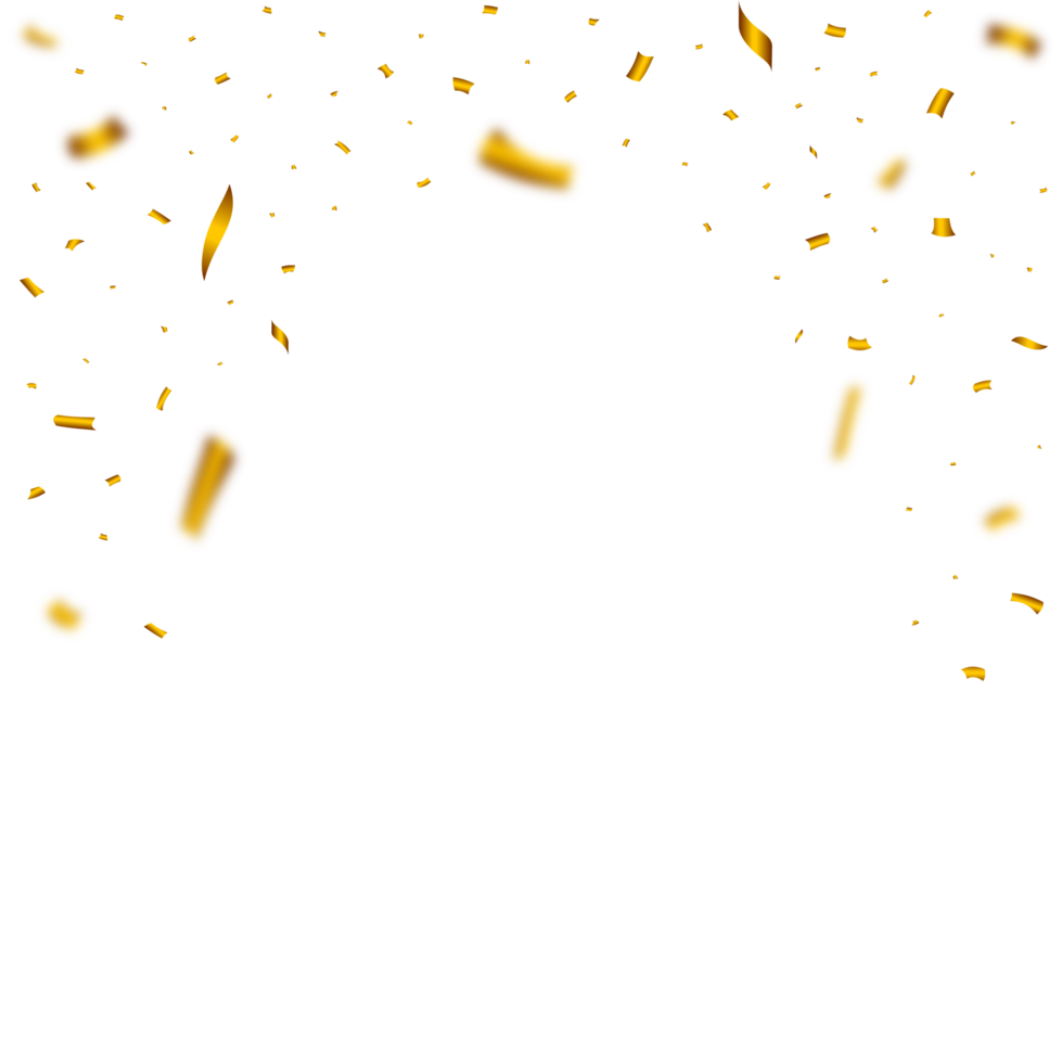 Golden confetti falling isolated on transparent background. Golden party tinsel and confetti falling PNG. Carnival elements PNG. Birthday celebration. Confetti PNG for the festival background.