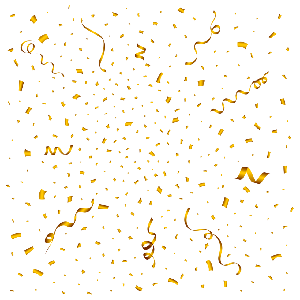 Confetti explosion PNG for the festival background. Golden party ribbon and confetti burst. Golden confetti blast isolated on transparent background. Carnival element PNG. Birthday celebration.