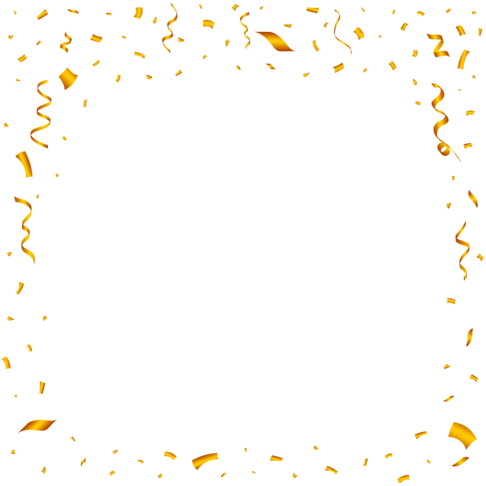 Confetti frame PNG for the birthday background. Golden party element ribbon and confetti falling. Golden confetti frame isolated on transparent background. Carnival elements PNG. Birthday celebration.