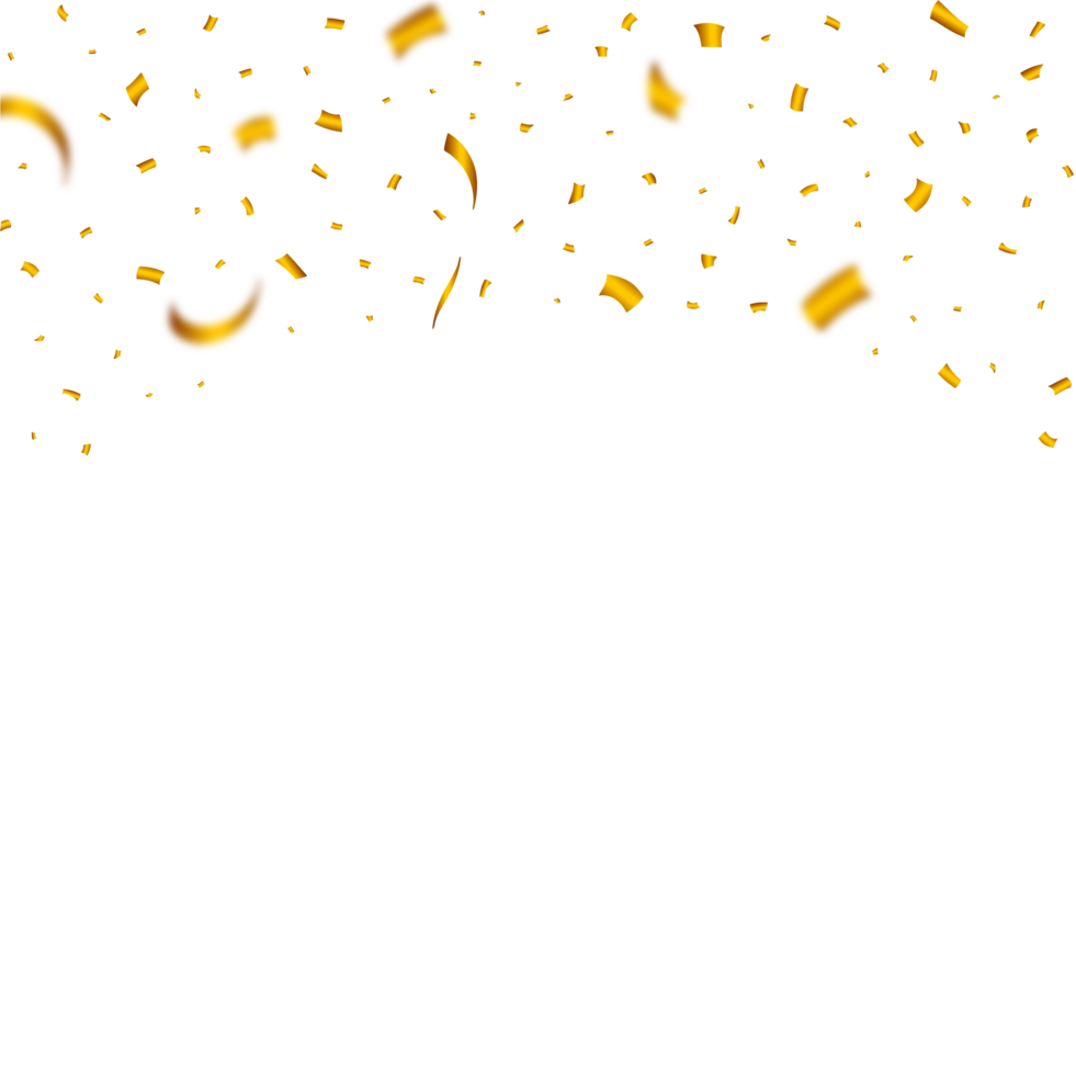 Golden confetti falling isolated on transparent background. Confetti falling illustration PNG. Golden Ribbon falling. Anniversary and wedding celebration. Festival elements PNG. png