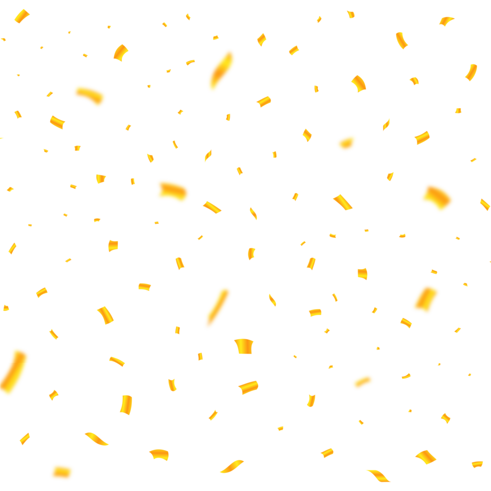 Golden confetti falling on a transparent background. Simple confetti falling illustration. Festival elements PNG. Golden tinsel falling. Anniversary, birthday, and wedding celebration. png