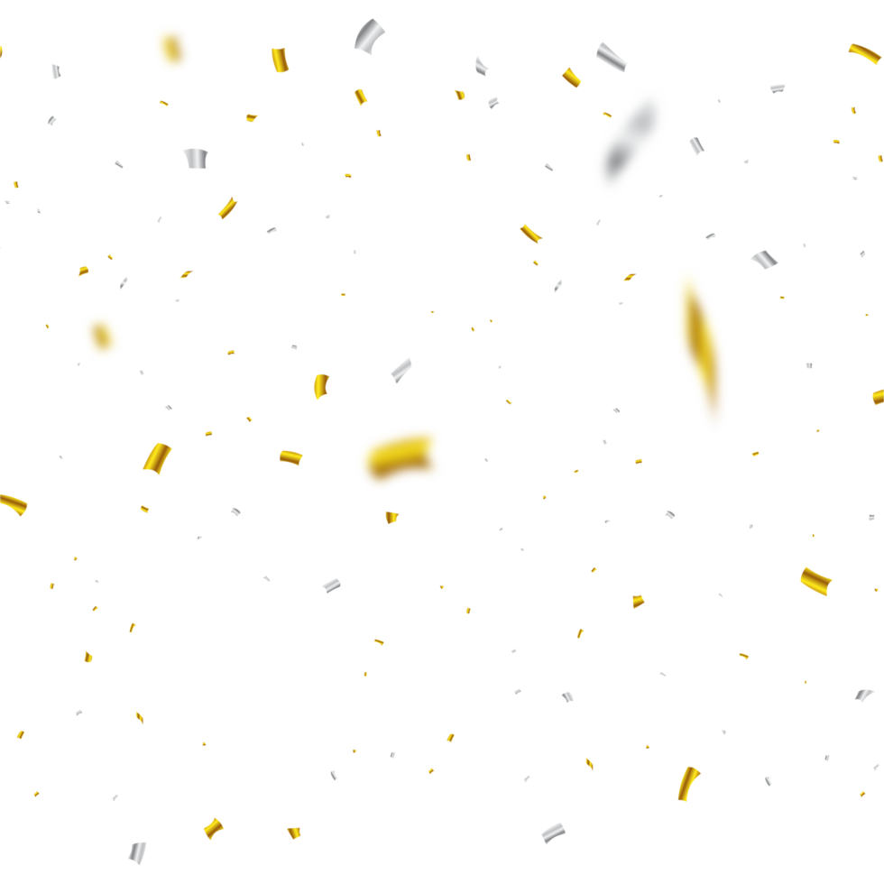 Golden and silver confetti falling isolated on a transparent background. Anniversary celebration PNG. Shiny party tinsel and confetti falling. Festival elements. Confetti PNG for carnival background.