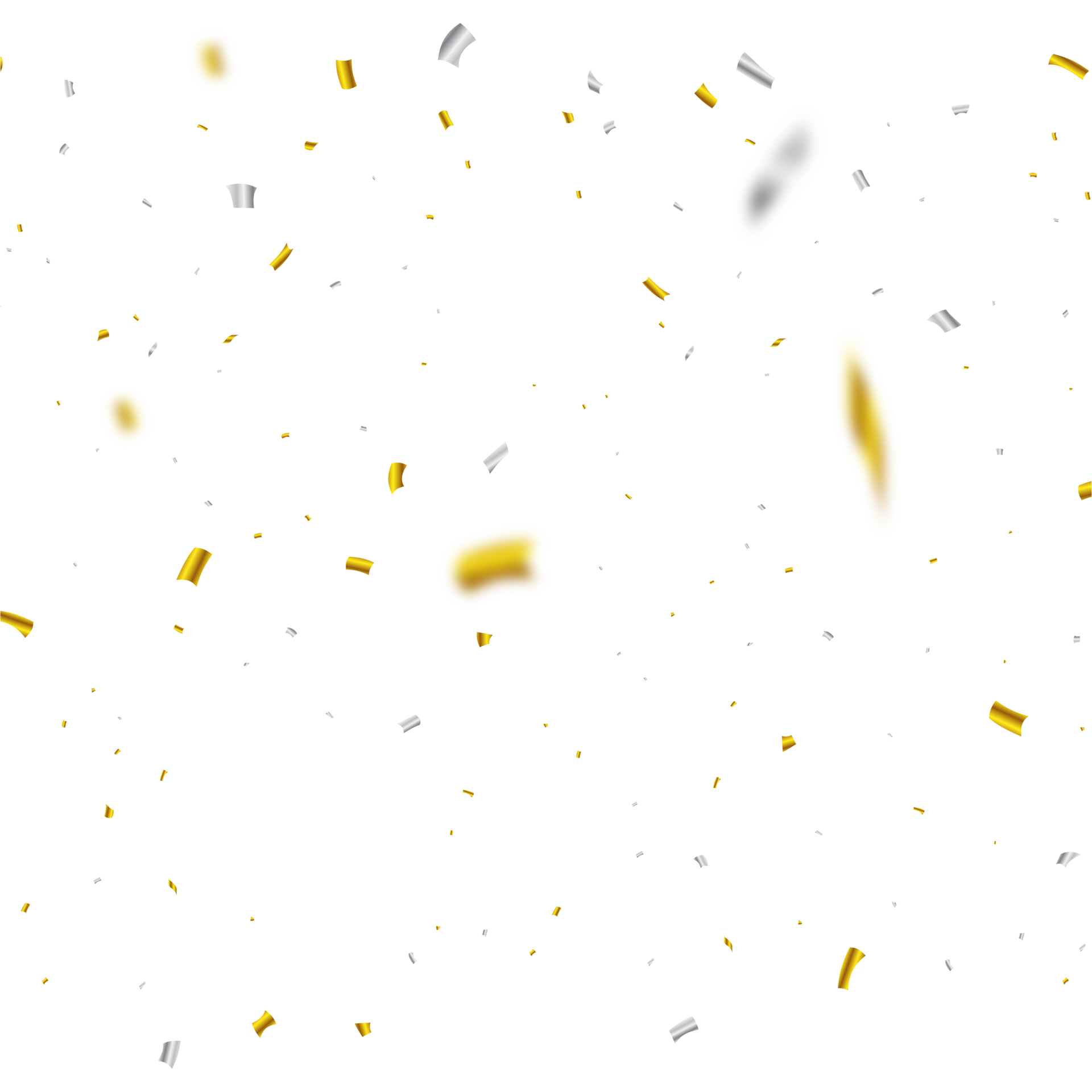 Golden and silver confetti falling isolated on a transparent background