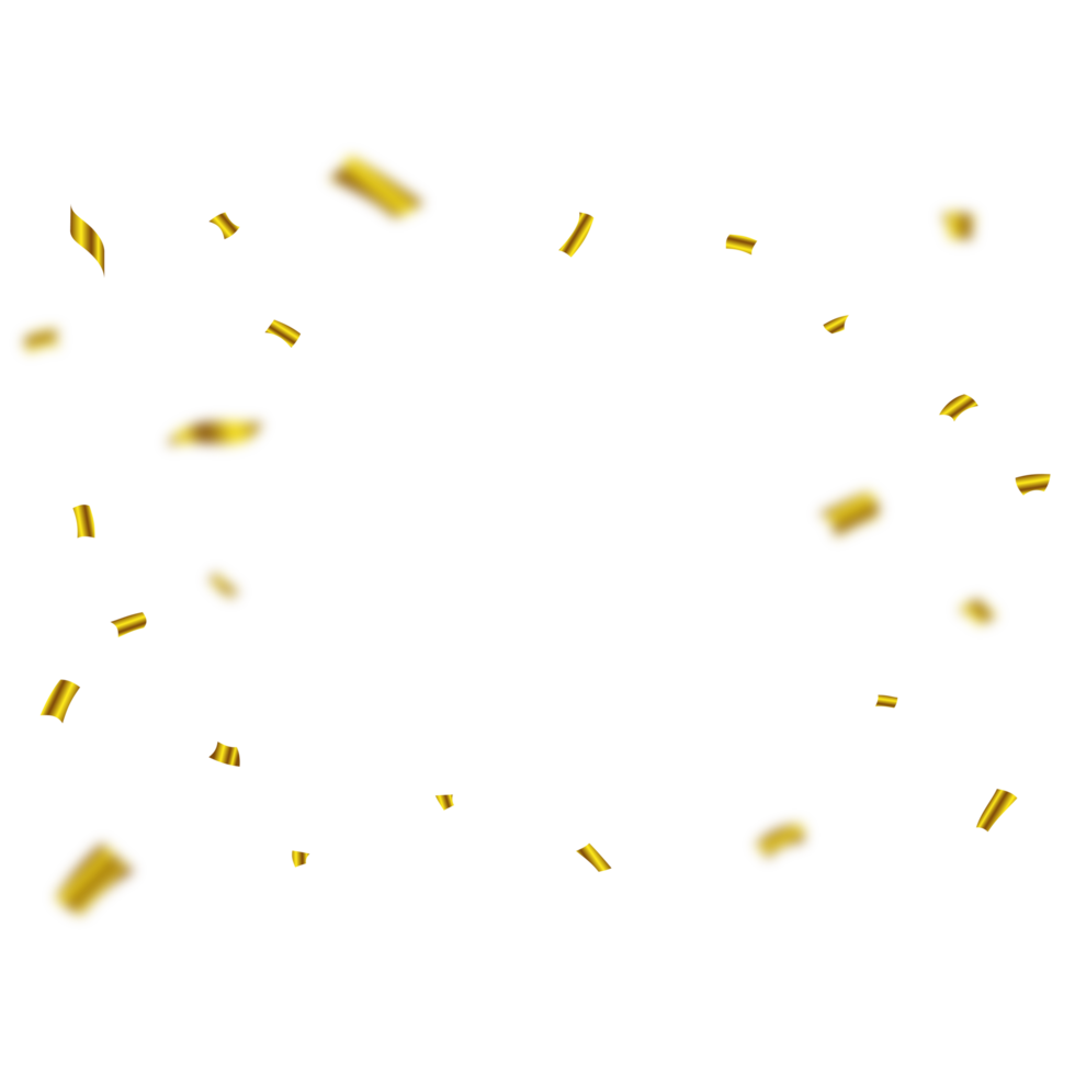 Golden confetti falling frame isolated on transparent background. Festival elements. Anniversary and birthday celebrations PNG. Confetti PNG for carnival background. Shiny tinsel and confetti falling.